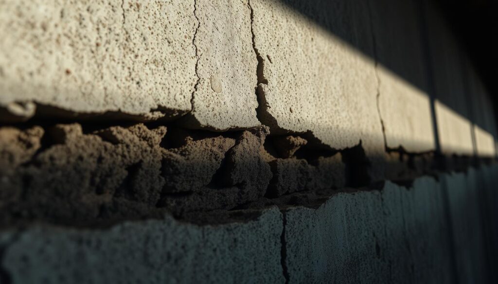 A close-up view of a crumbling concrete wall, with visible cracks and water seeping through. The lighting is dramatic, casting shadows that accentuate the texture and damage. The camera angle is low, emphasizing the scale and severity of the issue. The overall mood is one of concern and the need for repair, with a sense of urgency conveyed through the prominent water damage. The background is slightly blurred, keeping the focus on the affected wall section. Technical details such as a wide-angle lens and high-contrast lighting contribute to the impactful, documentary-style presentation of the subject. A close-up view of a crumbling concrete wall, with visible cracks and water seeping through. The lighting is dramatic, casting shadows that accentuate the texture and damage. The camera angle is low, emphasizing the scale and severity of the issue. The overall mood is one of concern and the need for repair, with a sense of urgency conveyed through the prominent water damage. The background is slightly blurred, keeping the focus on the affected wall section. Technical details such as a wide-angle lens and high-contrast lighting contribute to the impactful, documentary-style presentation of the subject.