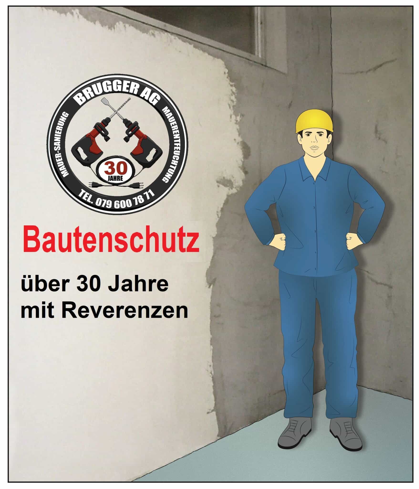 Brugger Mann mit gelbem Helm und blauer Arbeitskleidung Steht im Keller, bereit für den Bautenschutz