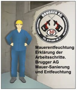 Brugger AG Mann Blauer Arbeitsanzug und gelber Helm, steht im Keller für Mauerentfeuchtung