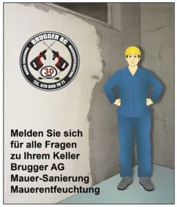 Brugger AG Mann Blauer Arbeitanzug und gelber Helm, steht im Keller und representiert Brugger AG Mauer-Sanierung und Mauerentfeuchtung