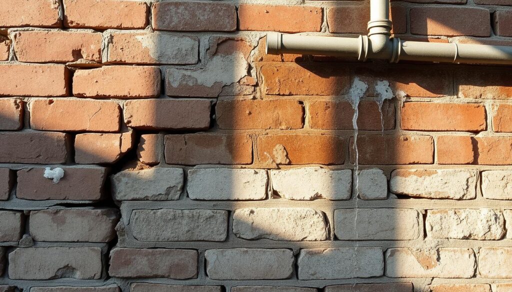 A cross-section of an old brick wall, showcasing the typical causes of moisture infiltration. In the foreground, a visible crack reveals the porous nature of the aging mortar. The middle ground features water stains and efflorescence, indicators of rising damp. In the background, a leaky pipe is discharging water, leading to potential structural damage. The scene is illuminated by a soft, natural light, casting long shadows that accentuate the textural details of the masonry. The overall atmosphere conveys the need to identify and address the root causes of moisture issues in historic buildings. Feuchte im Altbau