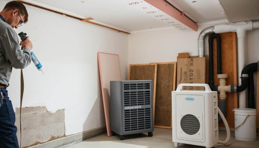 A well-lit interior space showcasing various moisture remediation techniques. In the foreground, a technician applies a waterproofing sealant to a damp basement wall, using specialized tools. In the middle ground, a dehumidifier unit stands prominently, drawing moisture from the air. The background depicts an array of construction materials, including insulation panels and drainage pipes, hinting at more comprehensive structural repairs. The scene conveys a sense of expertise and problem-solving, with a focus on practical, effective solutions to moisture-related issues in older buildings. A well-lit interior space showcasing various moisture remediation techniques. In the foreground, a technician applies a waterproofing sealant to a damp basement wall, using specialized tools. In the middle ground, a dehumidifier unit stands prominently, drawing moisture from the air. The background depicts an array of construction materials, including insulation panels and drainage pipes, hinting at more comprehensive structural repairs. The scene conveys a sense of expertise and problem-solving, with a focus on practical, effective solutions to moisture-related issues in older buildings.