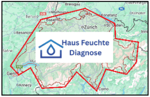 Umriss der Schweiz mit dem Haus-Feuchte-Diagnose Signet