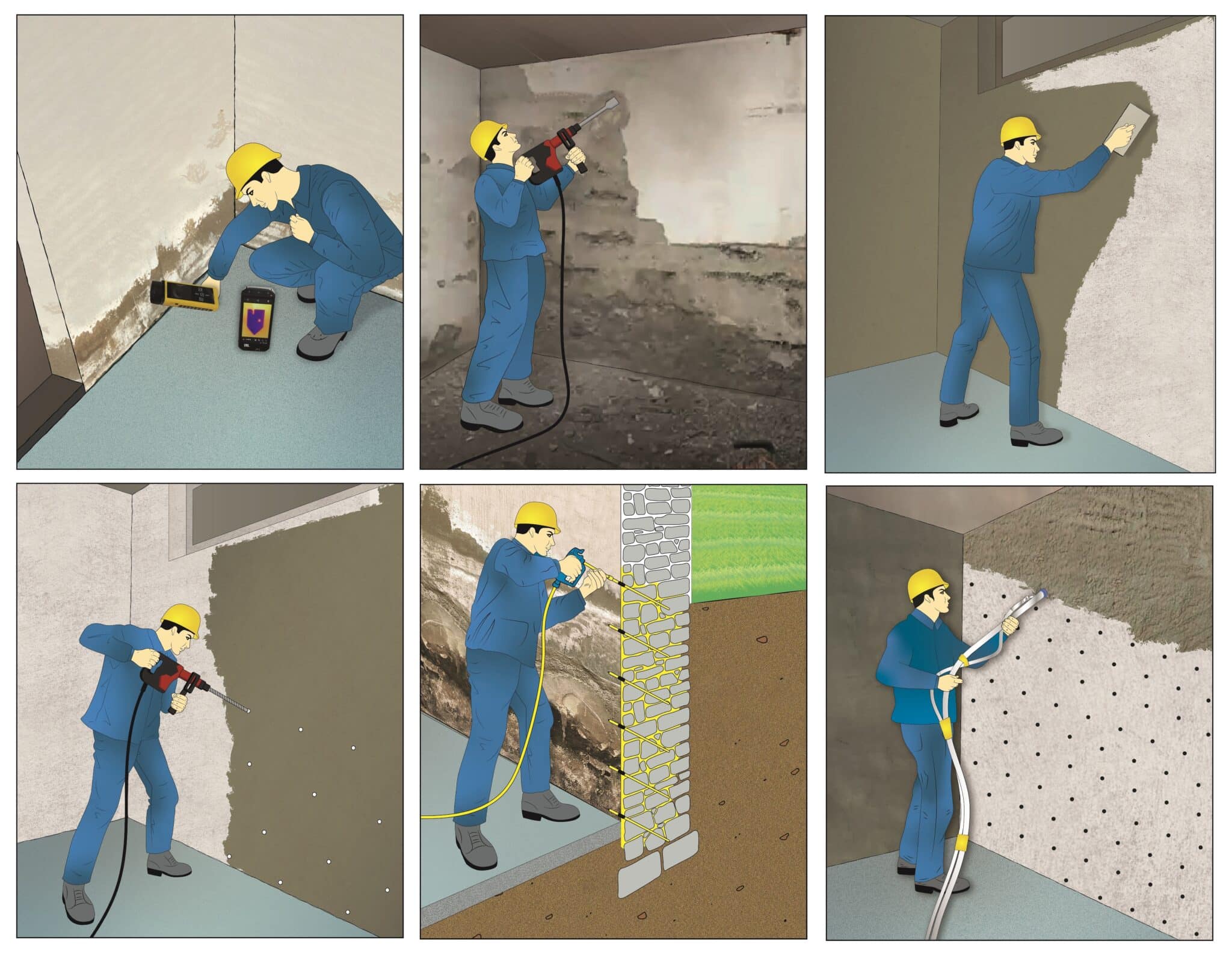 Arbeitsablauf in Bildern einer Mauerentfeuchtung von Brugger AG Mauer-Sanierung Mauerentfeuchtung