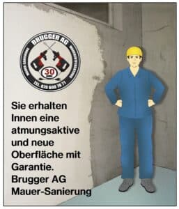 Brugger AG Mann Steht mit Gelbem Helm und blauer Arbeitskleidung vor Kellerwand