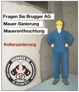 Brugger AG Mann Steht mit Gelbem Helm und blauer Arbeitskleidung vor Kellerwand