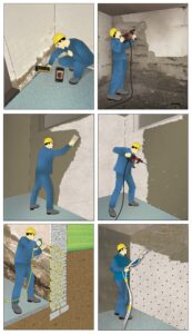 Brugger AG Mann Steht mit Gelbem Helm und blauer Arbeitskleidung vor Kellerwand und zeigt in Bildern die Bearbeitungsschritte