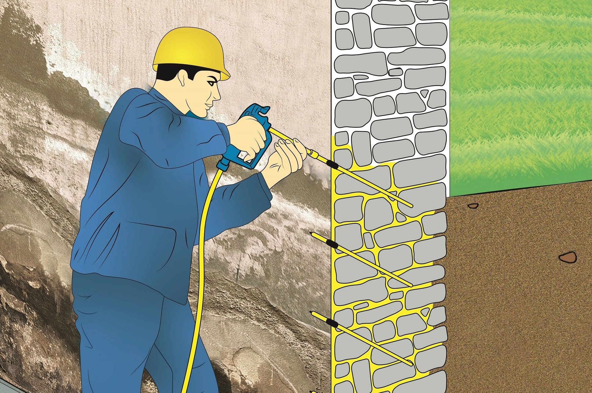 Brugger AG Mann Steht mit Gelbem Helm und blauer Arbeitskleidung vor Kellerwand und ist dabei mit dem Injektionsverfahren eine Kellerwand abzudichten