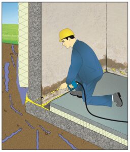 Boden Wand Abdichtung der Arbeitsfuge bei durchlaufendem isoliertem Boden im Keller